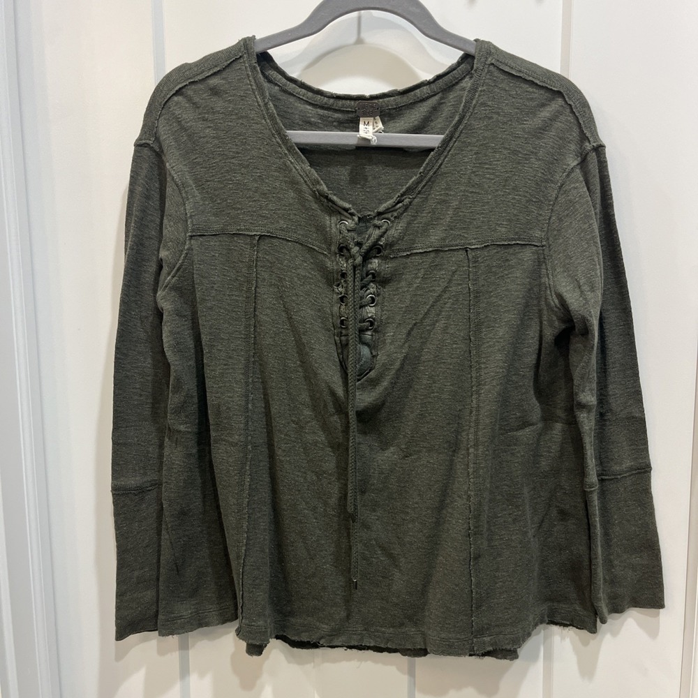 Free People We The Free Women's Oversized Lace Up Open Seam Top Dark Green Sz M